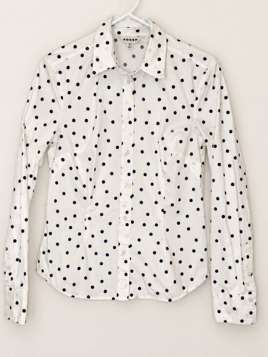 Boden Tops - Boden Saskia Stretch Cotton Shirt 6R Ivory Black Polka Dot Button Down